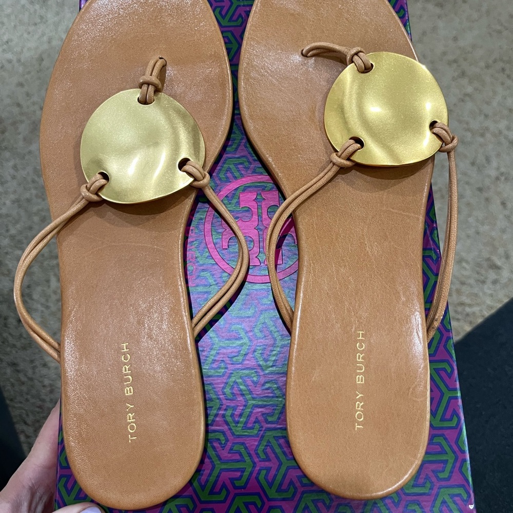 Tory Burch Patos Brown Sandals with Gold Disc Embellishment